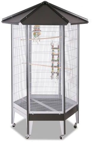 Montana Cages Großer Vogelkäfig Villa Redondo, Vogelvoliere sechseckig Antik-Platinum für Sittiche und Papageien mit Rollen, Kotwanne und Zubehör
