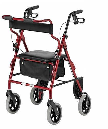 Days Four Wheeled Rollator Walker w/ Padded Seat, Backrest, Folding Mobility Walker w/ Footrests, Under-Seat Storage Bag & Lockable Brakes for Elderly & Disabled Adults - 160kg Capacity, Ruby Red