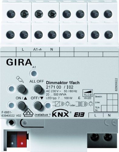 Gira 217100 Universal Dimmaktor 1-fach KNX Einflächenbedienung REG, 500 W