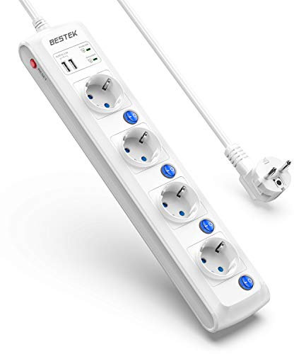 BESTEK Multiprise 4 Prises 2 Ports USB Parasurtenseur Multiprise Protection avec 4 Interrupteurs Indépendants et Cordon de 1.8m, 3600W/16A-Blanc