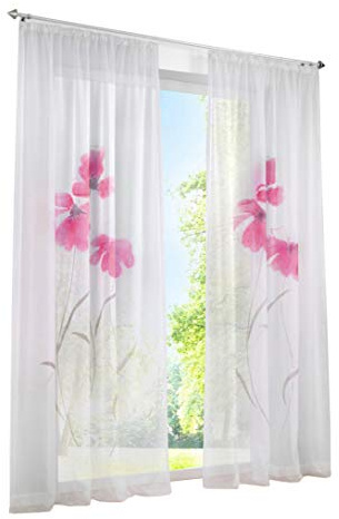 BAILEY JO 1er-Pack Gardine Floral Gardinen Schlaufen mit Blumen Druck Transparent Voile Vorhang (BxH 150x145cm, Pink mit Kräuselband)
