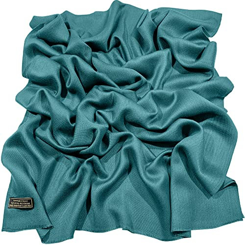 CJ Apparel Einfarbiges Design, nepalesischer Fransen-Schal, Stola, Überwurf, Kopfbedeckung, Pashmina, petrol, Einheitsgröße