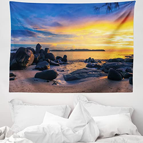 ABAKUHAUS Sonnenuntergang Wandteppich Meeres Landschaftsbild mit klarem Wellen Dämmerung Romantische Fotographieaus Weiches Mikrofaser Stoff 150 x 110 cm Klare Farben ohne verblassen, Blau Gold