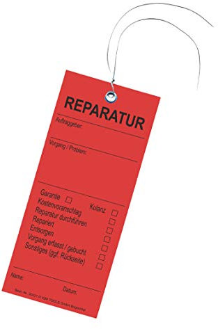 150 Hängeetiketten - Drahtanhänger - Warenanhänger: wetterbeständige Folie - Motiv REPARATUR - 60x140 mm - Staffelpreise für Businesskunden ab 3, 6 oder 11 Verpackungseinheiten (VE)