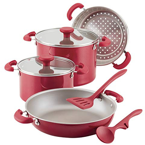 Rachael Ray 12166 8-Piece Create Delicious Stackable Nonstick Cookware Set, Aluminum, Red Shimmer