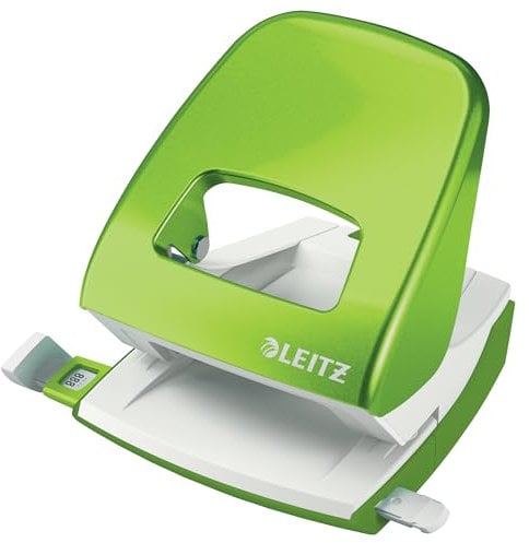Leitz Büro Locher aus Metall, Für 30 Blatt, Anschlagschiene mit Formatvorgaben, Ergonomisches Design, grün, WOW-Serie, 50081054