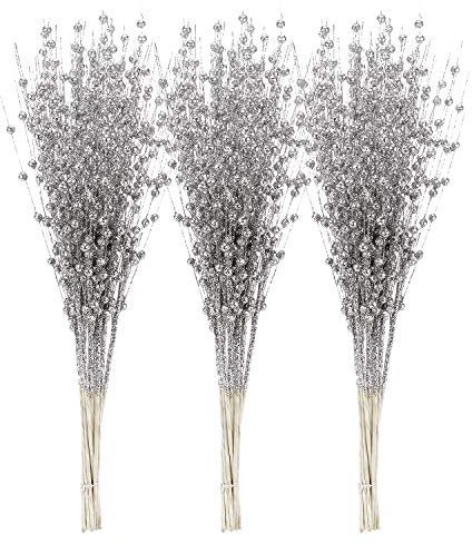 Sea Team 24-Pack Artificial Glitter Berry Stem Ornaments, Decorative Bead Sticks, Glittery Twigs, Picks, Branches for Christmas Tree, Small Vase, Holiday, Wedding, Party (17 Inches, Silver)