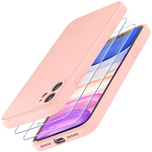 Losvick for iPhone 11 Phone Case with 2 x Tempered Glass Screen Protector, Liquid Silicone Slim Soft Shockproof Bumper Microfiber Lining Anti-Scratch Cover for iPhone 11-6.1 inch- Pink