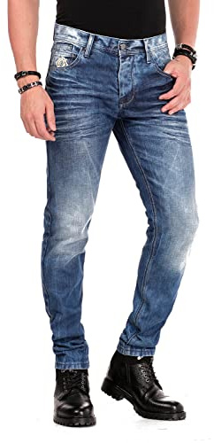 Cipo & Baxx Herren CD319Y Jeans Hose Straight Fit Verwaschen Denim Hose Men Freizeit Pants Blau - CD319Y-BLUE-W32-L34