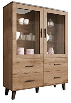 Mirjan24 Vitrine Lotta II 120 2D4S, Standvitrine im skandinavischen Stil, Vitrinenschrank, Glasvitrine, Hochschrank, Wohnzimmer Highboard Schrank (Eiche Wotan + Schwarz)