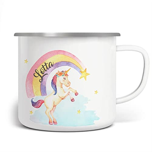 miKalino Emaille Tasse Mädchen - Trinkbecher Kinder personalisiert - Emaille Becher mit Einhorn-Motiv - Kindertasse mit Namen - Kindertasse bedruckt - Emaille Becher Weiß