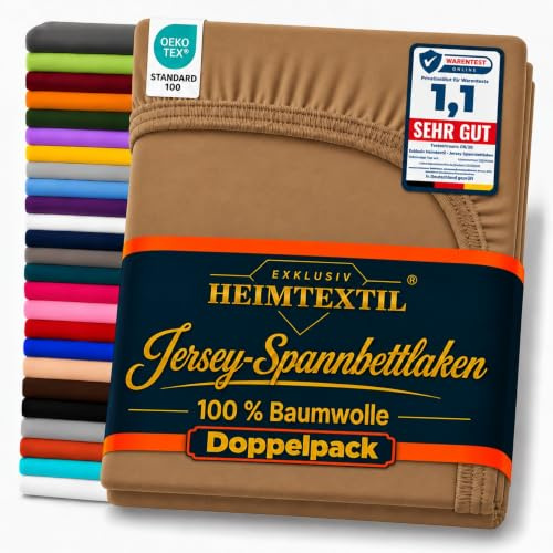 EXKLUSIV HEIMTEXTIL Jersey Spannbettlaken Doppelpack 90-100 x 200 cm 100% Baumwolle Öko - Tex Zertifiziert, Markenqualität, Matratzenhöhe bis 25 cm, Nougat