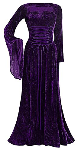Abito lungo da donna, in velluto, a maniche lunghe, lunghezza fino al pavimento, vestito elegante da elfico, Viola, M