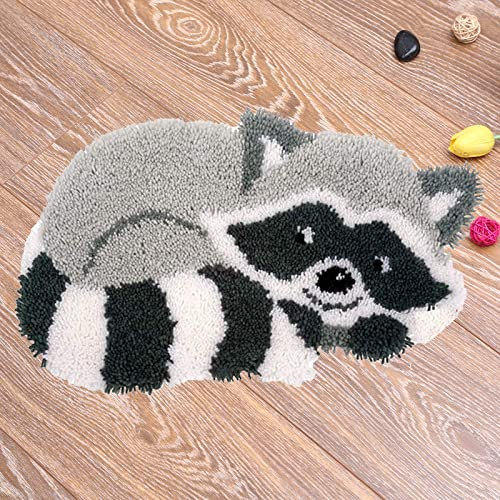kingsea Knüpfteppich Zum Selber Knüpfen, 50x38cm Knüpfhaken Set Latch Hook Kit DIY Selbst Knüpfen Set für Erwachsene, Kleiner Waschbär