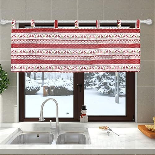 Devola Scheibengardinen Kurz Weihnachten Gardine mit elch kurzgardine aus Leinenstoff Bedruckt Bistrogardine Halbtransparent Küchengardinen modern mit Schlaufen BxH 137x61cm Rot 1 Stück