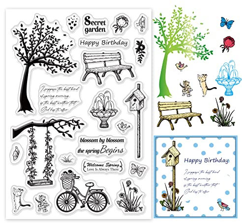 PandaHall Frühlingsblumen Klare Stempel, Schmetterling-Silikon-Stempel, Fahrrad Baum Worte Frühling Wandern Gummistempel für Kartenherstellung Dekoration DIY Scrapbooking