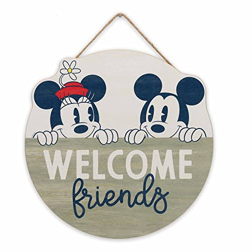 Disney Mickey Mouse and Minnie Welcome Friends Round Hanging Wood Sign