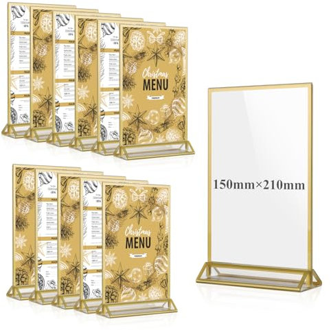 EFUTURETIME 12PCS Tischaufsteller Acryl A5, Doppelseitiger Bilderrahmen, Plexiglas Menükartenhalter Gold, T-Ständer, Thekenaufsteller, Fotorahmen für Foto, Hochzeitstischnummern, Cafe, Restaurant