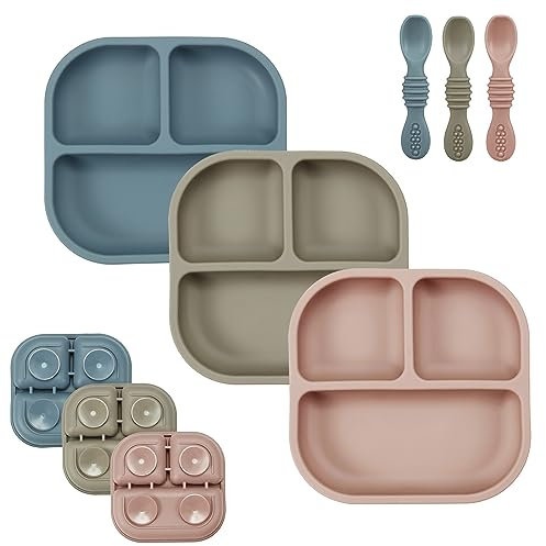 PandaEar 3 Pack Baby Suction Plates for Weaning with Spoons, Silicone Toddler Plates for Childrens Kids, Unbreakable Divided Baby Plate with Suction, Non-Slip, Non-Toxic, BPA Free (Blue Red Brown)