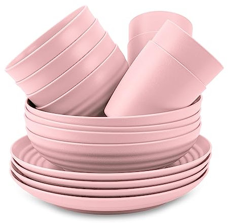 Juego de 16 Piezas de Vajilla en Plastico Duro Reutilizables e Irrompibles para Fiestas y Eventos. Classic Rosa (Vajilla 16 pzs.)