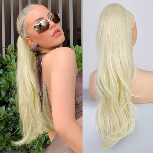 PORSMEER Lange Zopf Pferdeschwanz Haarteil Haarverlängerung mit Kordelzug Lang Glatt Wellig Natürliches Synthetik Haar Ponytail Extensions hellblond für Frauen 65cm