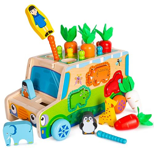 OAKJAR Montessori Spielzeug ab 1 2 3 Jahre | Holzspielzeug Karottenernte | Motorikspielzeug Angeln Spielzeugauto für Mädchen und Jungen | Holzpuzzle Sortier&Stapelspielzeug