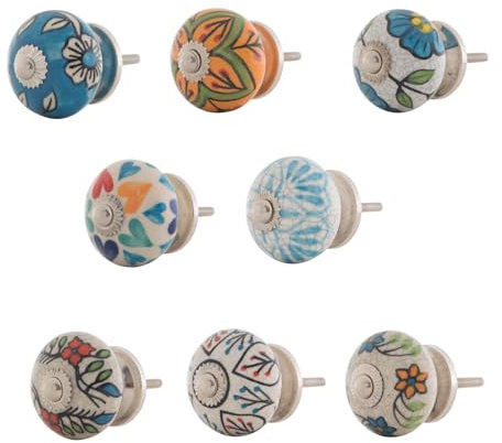The Boho Street 8 X Stück Bunt Keramik-Türgriffe | verzinkt rostfrei | mit mehrfarbigem Blumenmuster | gemischte Designs | Schranktürknöpfe | Schubladengriffe Montur | in M3 | Metrisch