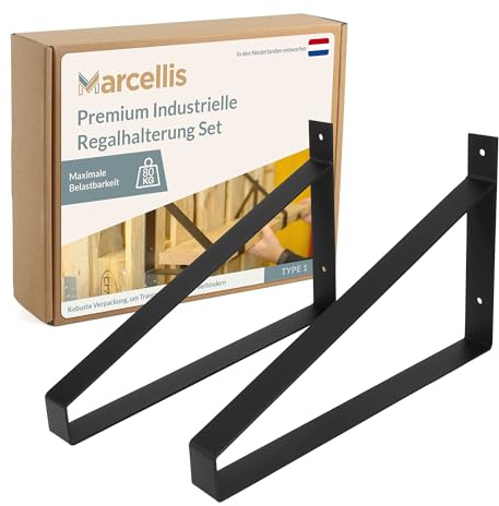 Marcellis Support d'étagère XXL pour planches de 40 cm de large, noir mat, 2 supports d'étagère industriels (capacité de charge 80 kg) – Finition et matériel de montage de qualité supérieure – 25 x 4