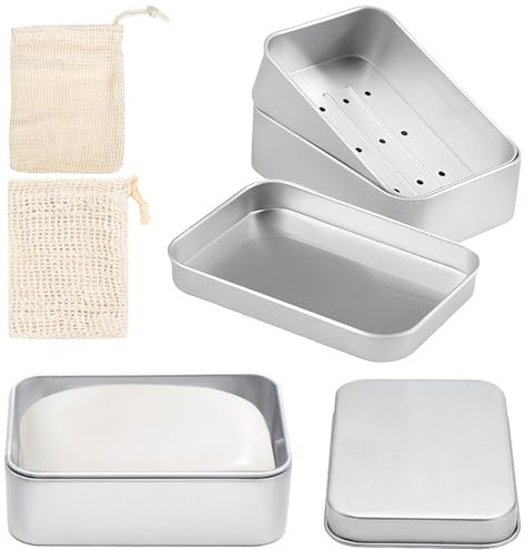 Mooshy 2 Stück Seifendose aus Aluminium - Wasserdicht Seifenbox mit Abtropfgitter Sisal Seifensäckchen und Schaumnetz für Festen Seifen für Reisen Camping und Zuhause