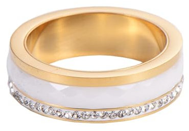 OAKKY Unisex Neuheit Simple Rhombischer Schliff Strasssteine Kristall Inlay Paar Weiß Keramik Ring Passendes Set Ehering Gold Größe 60 (19.1)