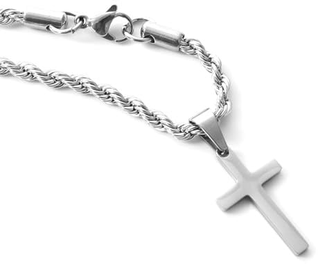 Cross Necklace for Men, Stainless Steel Cross Pendant Necklace with Rope Chain, Men's Fashion Jewellery, Mens Silver Necklace, gifts for him, boyfriend gifts