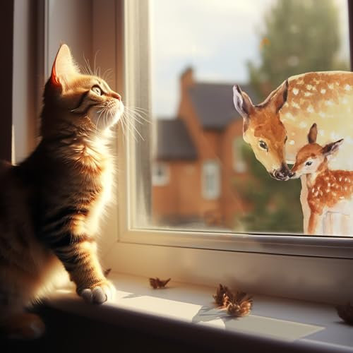 Funlife Groß Sticker Tiere Fensterbilde Hirsch, Statisch Haftend Fenster-Aufkleber Herbst Kinder, Vogel-Schutz Fensterbilder Fensterdekoration für Kinderzimmer Wohnzimmer Schlafzimmer 30 x 39 cm
