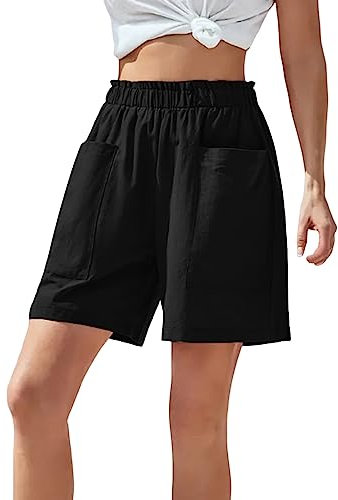 Sommer Hosen Damen Locker Kurz Lässige, solide Damen-Sporthose, Shorts, elastische Taille, Taschen, Alltagshose wear Hose Damen Hose Kurz für Schlafen Freizeitaktivitäten (Black, XL)