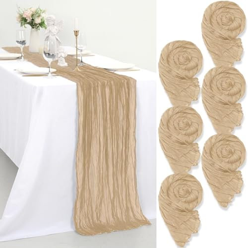 6 Stück Seihtuch Tischläufer Creme,55x300cm Rustikaler Gaze Stoff Boho Tischläufer Käsetuch Cheesecloth Tischläufer Hochzeit Tischdecke für Hochzeitsfeier Brautparty Tischdekoration