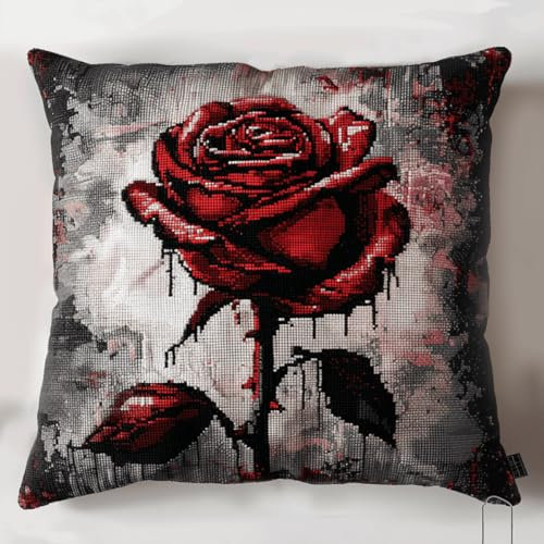 DIY stickpackung kissen rote Rose knüpfen set erwachsene kissen Fantasieblumen Knüpfhaken-Set für selbstgemachte Dekokissenbezüge,Handarbeits-Kissenbezüge,Handarbeit,Häkeln für die Fami 43x43cm
