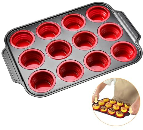 Foyucool Pliable Moule à Muffins en Silicone, 12 Moules à Cupcakes, Press to Release, Coupe à Muffins en Silicone Antiadhésive, Plateau à Cupcakes, Moule à Cupcake pour Muffin, Gâteau, Pain, Rouge