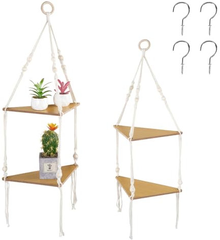 2PCS Hanging Shelves for Wall, 2-Tier Macrame Boho Plant Holder Farmhouse Storage Corner Rope Wall Floating Shelf with 4 Hooks, Wooden Organizer Rack Home Decor with String for Living Room Bedroom