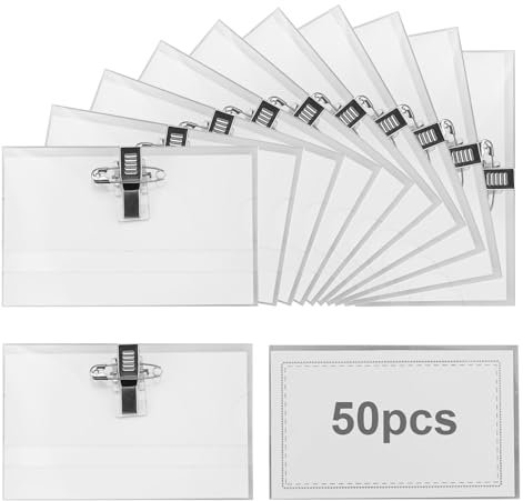 50 Stück Namensschilder, 90x56mm, transparent, mit Clip und Anstecknadel, ideal für Kleidung. Namensschildhalter für Schule, Büro, Konferenzen, Unternehmen und Events