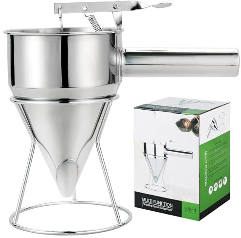 DASBET 600ML Pancake Batter Dispenser Funnel Cake Dispenser with Stand Stainless Steel Batter Dispenser with Handle & Rack Great for making Takoyaki, pancakes, crepes, and more