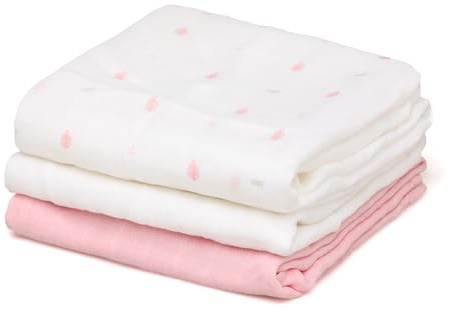Kiokids | Set 3 Muselinas Rosa, Blanco y Estampado | Colección Petit Moments | 70% Bambú y 30% Algodón | Ultra Suaves | Antibacterianas y Termo Climáticas | Protector Rayos UV |+0 Meses | 70cm x 70cm