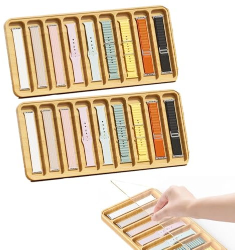 2 Stück Wooden Strap Holder Stand, Uhrenarmband Organizer aus Holz Watch Band Display Organizer mit 9 Fächer und Acryl Deckel für die meisten Uhrenarmbänder 42x19x1.5cm