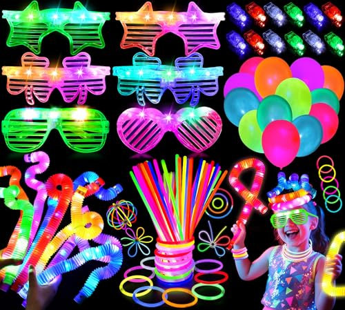 Toyssa Knicklichter Party Mitgebsel Kindergeburtstag Gastgeschenke mit LED Brille Leuchtstäbe Pop Tubes Neon Luftballons, Schwarzlicht Disco Pinata Füllung Give Aways Mitbringsel 80s 90s Party Deko