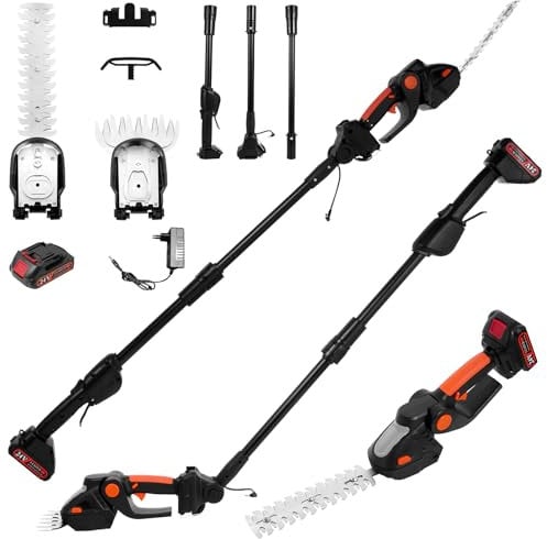 Pole Hedge Trimmer Cordless Grass Shear 2in1, 24V Long Reach Telescopic Electric Hedge Trimmer, Grass Trimmer, 2.3M Reach, 90° Adjustable Head, with 2x Batteries and Charger, Handheld Garden Cutter