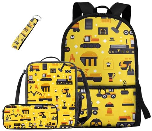 Dolyues Juego de mochila para niños con llavero, lonchera para niños y niñas, estuche para lápices, 4 unidades, mochila escolar para escuela secundaria, Amarillo (Cars Yellow)