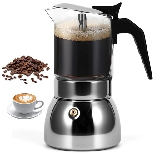 Stovetop Espresso Maker, 4Cup 200ML Stainless Steel Stovetop Italian Coffee Maker Transparent Glass Moka Pot, Coffee Maker Mocha Pot for Home Cafe Outdoor Office