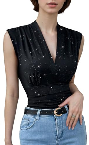 EMOTTOS Canotta Donna Y2K, Top Decorati Paillettes Pieghe Incrociate, Top Sexy Senza Maniche Slim Fit Scollo a V, Tessuto Leggero Elasticizzato Donna Ragazza Feste estive Festival, Nero, Taglie S-L