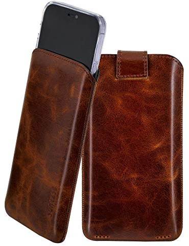 Suncase Leder Tasche mit ZUSÄTZLICHER Hülle Case Handytasche mit Rückzugsfunktion und Magnetverschluss in Tabak braun kompatibel mit iPhone 17