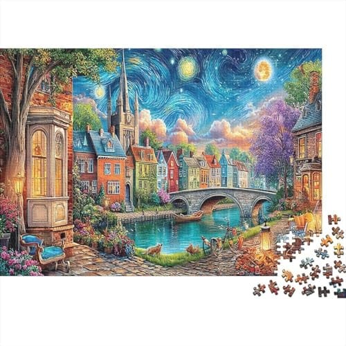 Starry Night Village 1000 Teile Puzzle aus recyceltem Karton für Erwachsene, Angstlösung, Deko & Geschenk