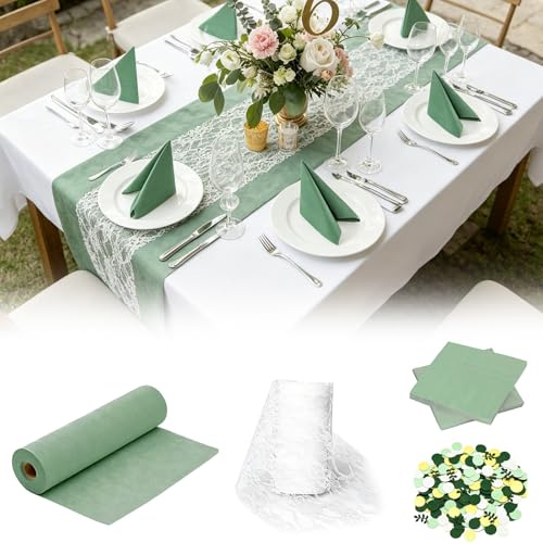 Vlies Tischläufer,Tischdeko Set Eukalyptus Grün,Tischläufer Spitze Weiß,Dekorative Tischbänder & Servietten,Tischläufer Grün Salbei,für Taufe,Kommunion,Konfirmation,Hochzeit & Geburtstag