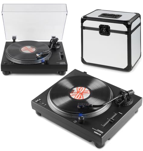 2x Vonyx DT6000 Direct Drive DJ Turntables with Audio-Technica Cartridges and 12 inch Record Case, Vinyl DJ Deck setup for mixing, home Hi-Fi listening, USB recording